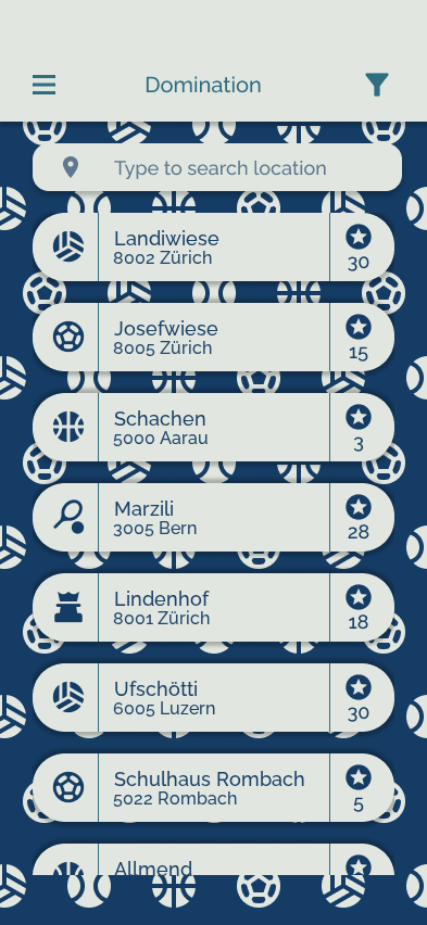 App-Ansicht der Spots, die man dominiert, mit Anzahl Punkten pro Spot