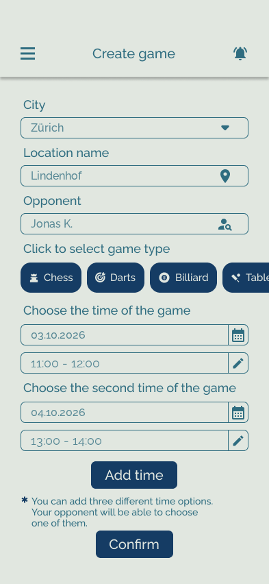 App-Ansicht zum Erstellen eines Matches mit Spot, Gegner, Sportart und Terminen