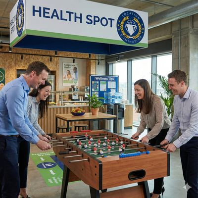 Mitarbeitende spielen Töggelikasten in einem Büro unter einem Schild mit der Aufschrift Health Spot