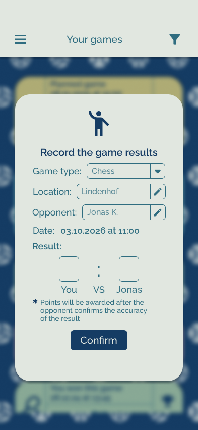 App-Ansicht zum Eintragen des Resultats nach dem Spiel