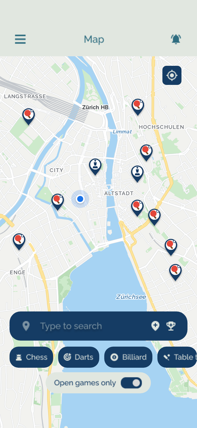 App-Ansicht der Karte mit Suchfeld und Filtern nach Sportart
