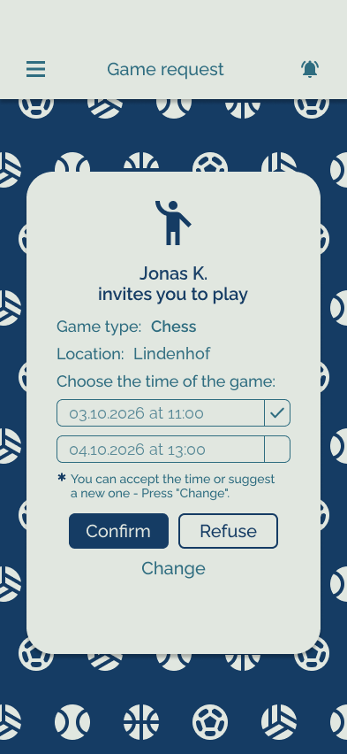 App-Ansicht einer Match-Einladung mit zwei Terminvorschlägen und den Buttons Bestätigen und Ablehnen