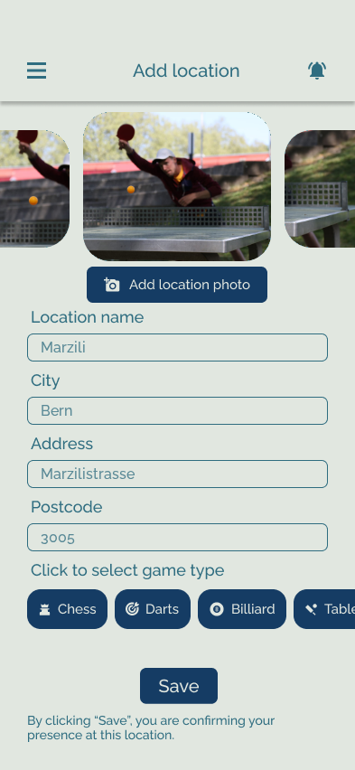 App-Ansicht zum Erfassen eines neuen Spots mit Name, Adresse und Sportart
