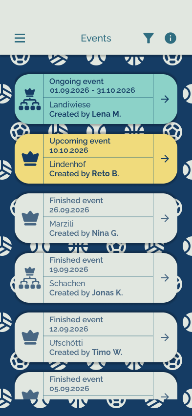 App-Ansicht der Events mit laufenden, kommenden und vergangenen Events